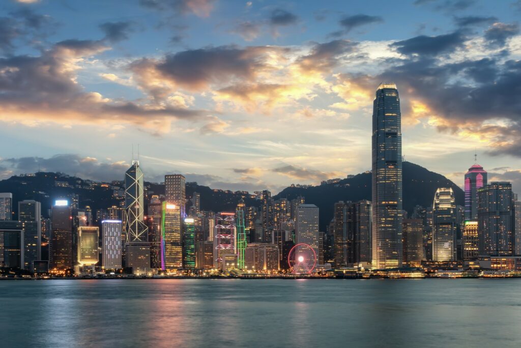 View of Hong Kong Victoria Harbour Skyline at Dusk